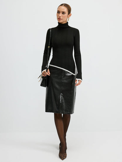 Turtleneck Kontrast Kesim Yırtmaçlı Yün Karışımlı Örgü Üst