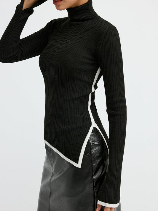 Turtleneck Kontrast Kesim Yırtmaçlı Yün Karışımlı Örgü Üst