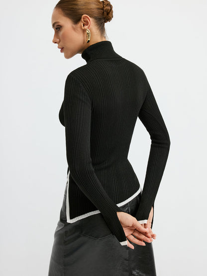 Turtleneck Kontrast Kesim Yırtmaçlı Yün Karışımlı Örgü Üst