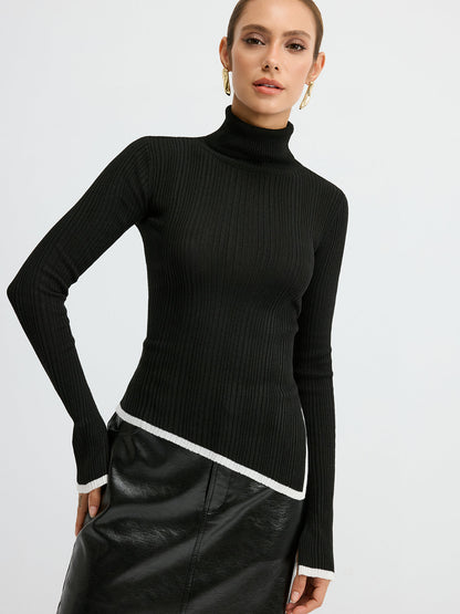 Turtleneck Kontrast Kesim Yırtmaçlı Yün Karışımlı Örgü Üst