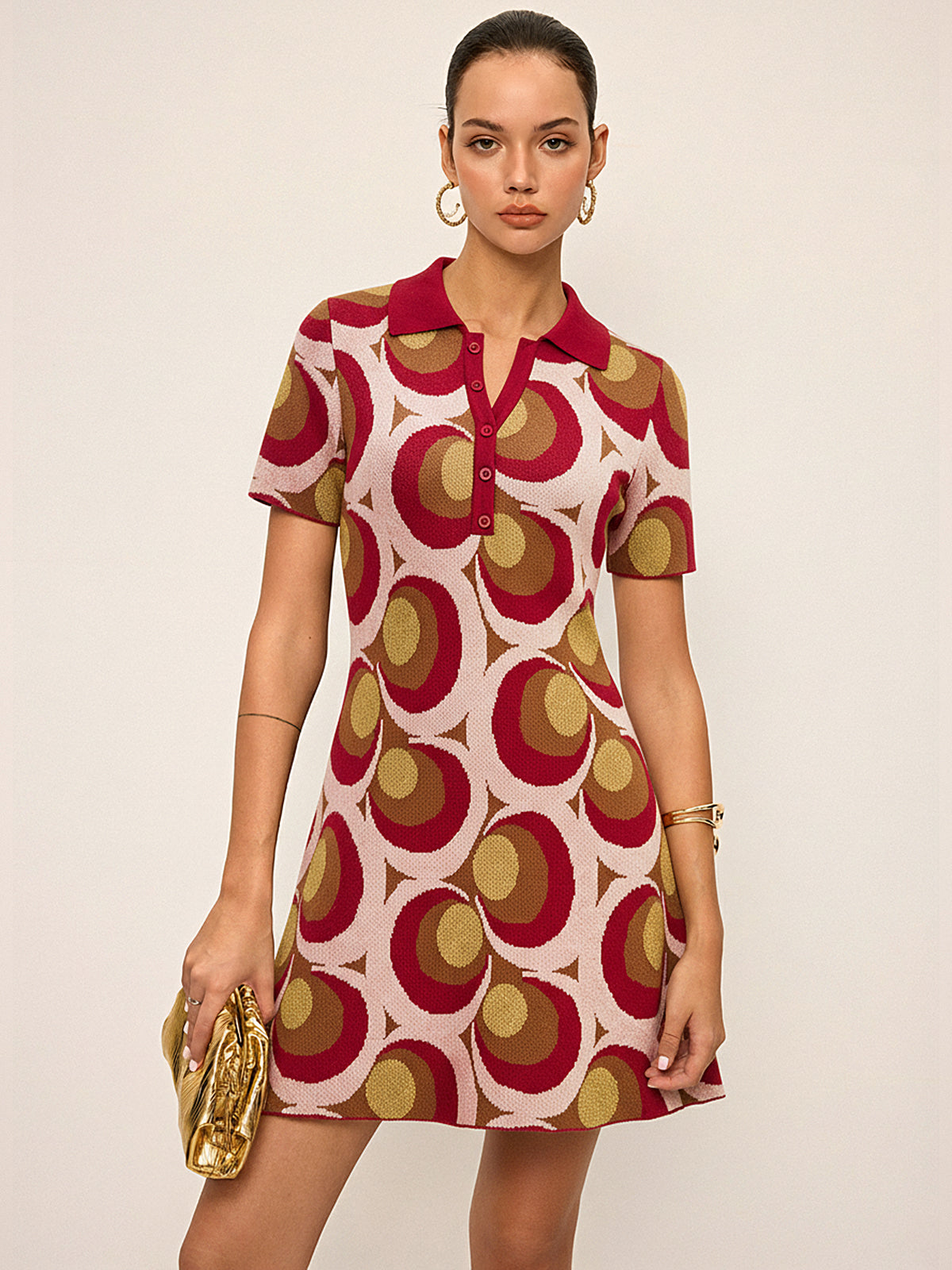 Vintage Baskılı Polo Yaka Kazak Elbise