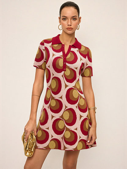 Vintage Baskılı Polo Yaka Kazak Elbise