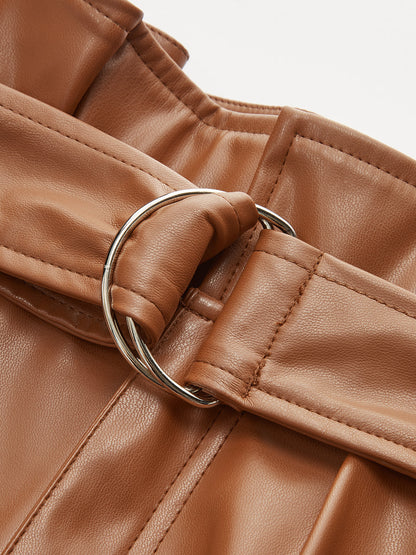 Kemerli Yüksek Bel PU Deri Paçalı Şort