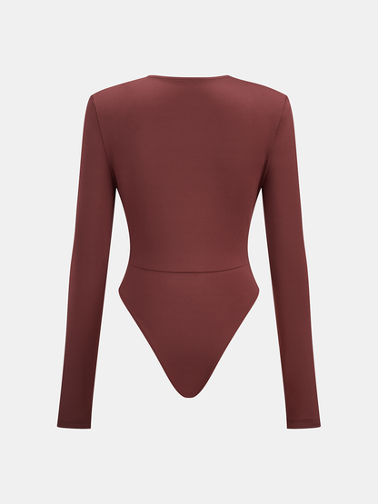 Kutu Omuzlu Drapeli Derin Yaka Bodysuit