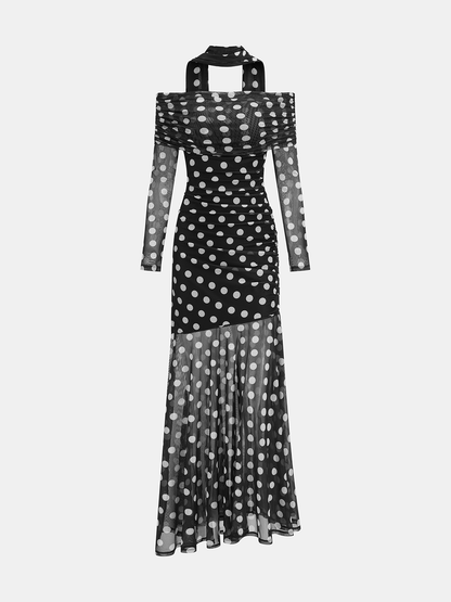 Çiçek Desenli Omuz Açık File Uzun Elbise ve Eşarp Detayı