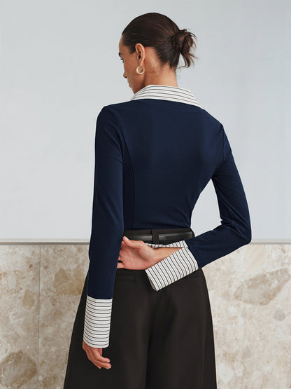 Sahte İki Parçalı Uzun Kollu İki Renkli Polo Üst