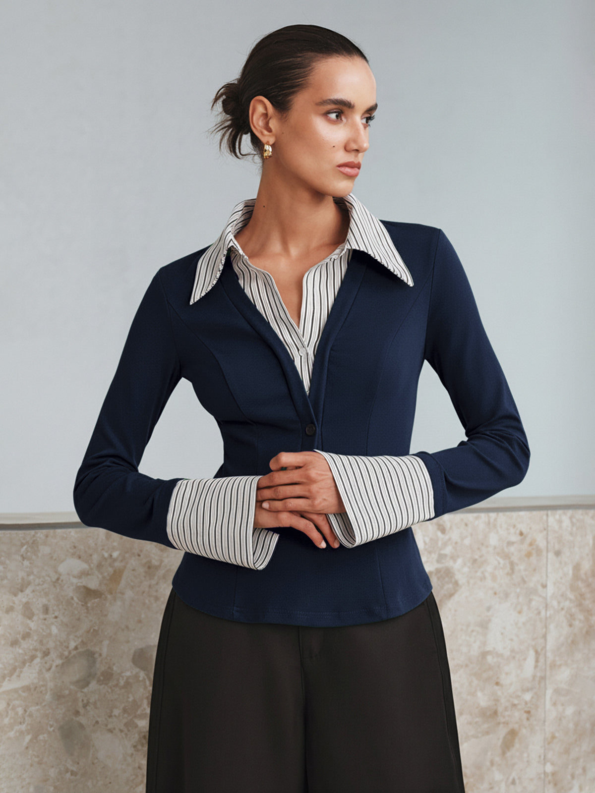 Sahte İki Parçalı Uzun Kollu İki Renkli Polo Üst