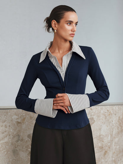 Sahte İki Parçalı Uzun Kollu İki Renkli Polo Üst