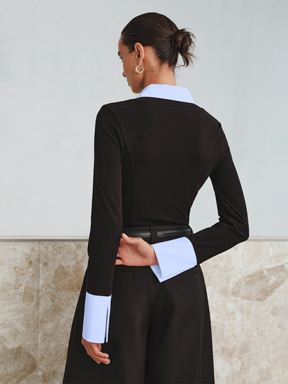 Sahte İki Parçalı Uzun Kollu İki Renkli Polo Üst