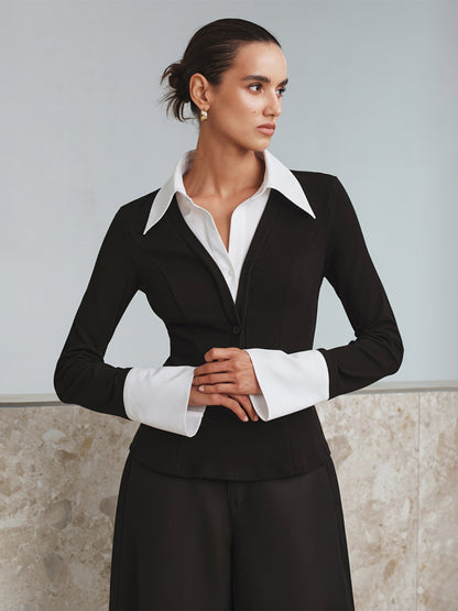 Sahte İki Parçalı Uzun Kollu İki Renkli Polo Üst