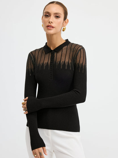 Simli Detaylı Şeffaf Panel Polo Örgü Üst