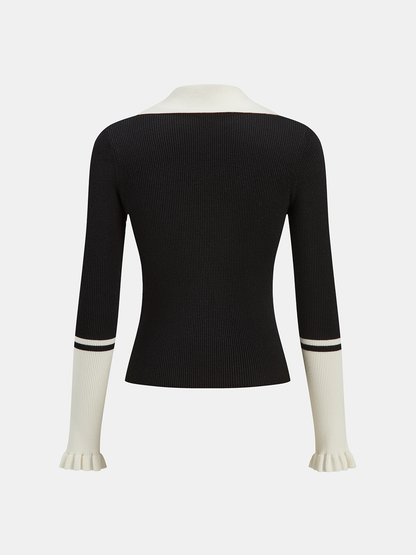 Fırfırlı Manşetli Renk Bloklu Yaka Örgü Üst