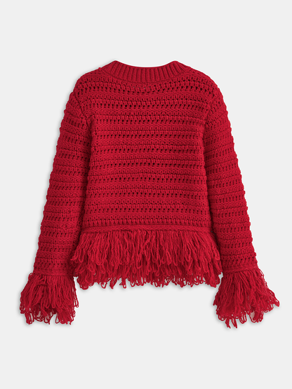 Saçaklı Etek Ucu Tığ Örgü Kazak