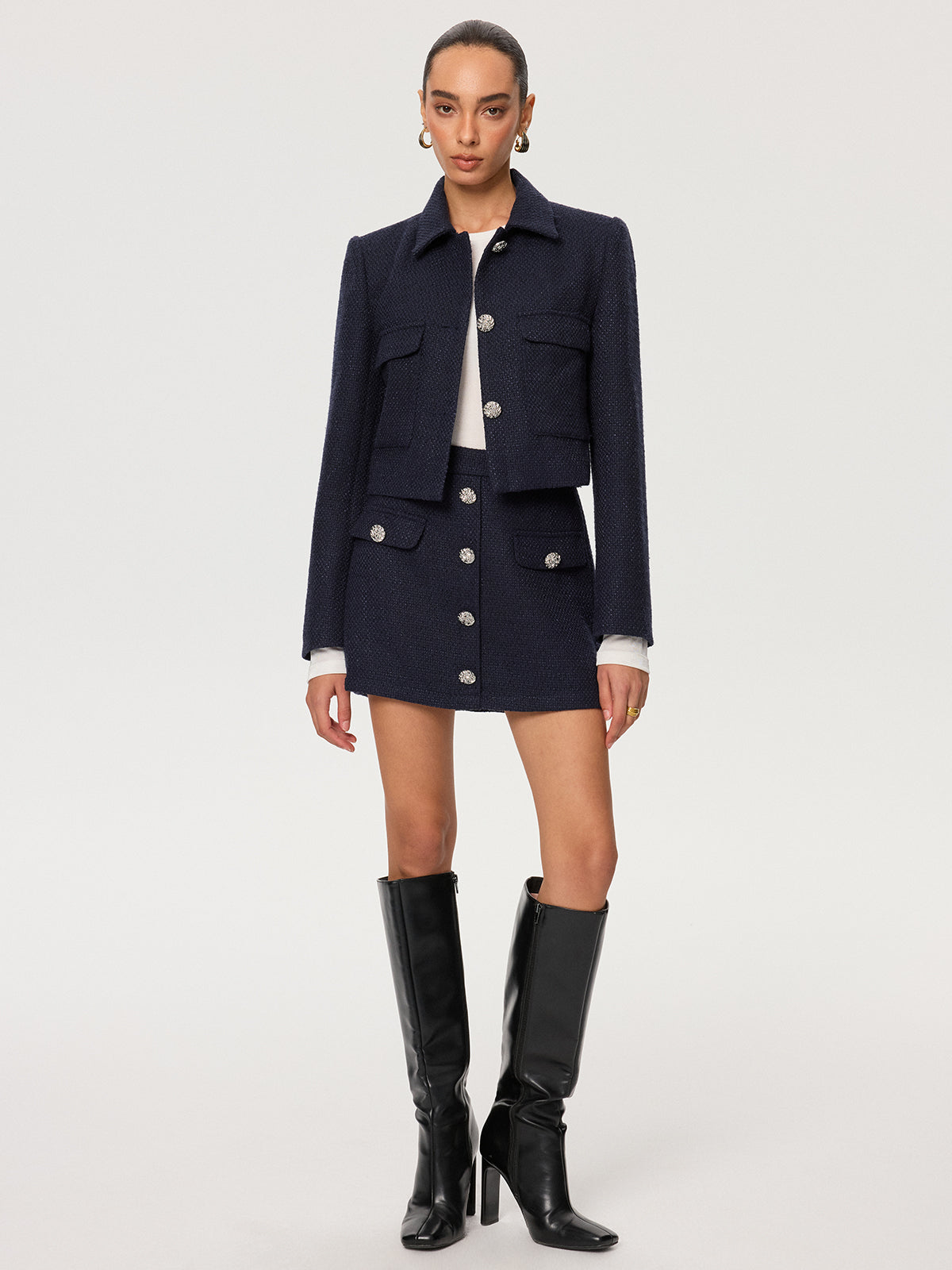 Metal Düğmeli Tweed Mini Etek