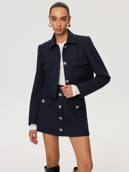 Metal Düğmeli Tweed Mini Etek