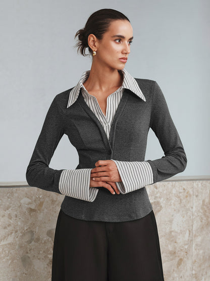 Sahte İki Parçalı Uzun Kollu İki Renkli Polo Üst