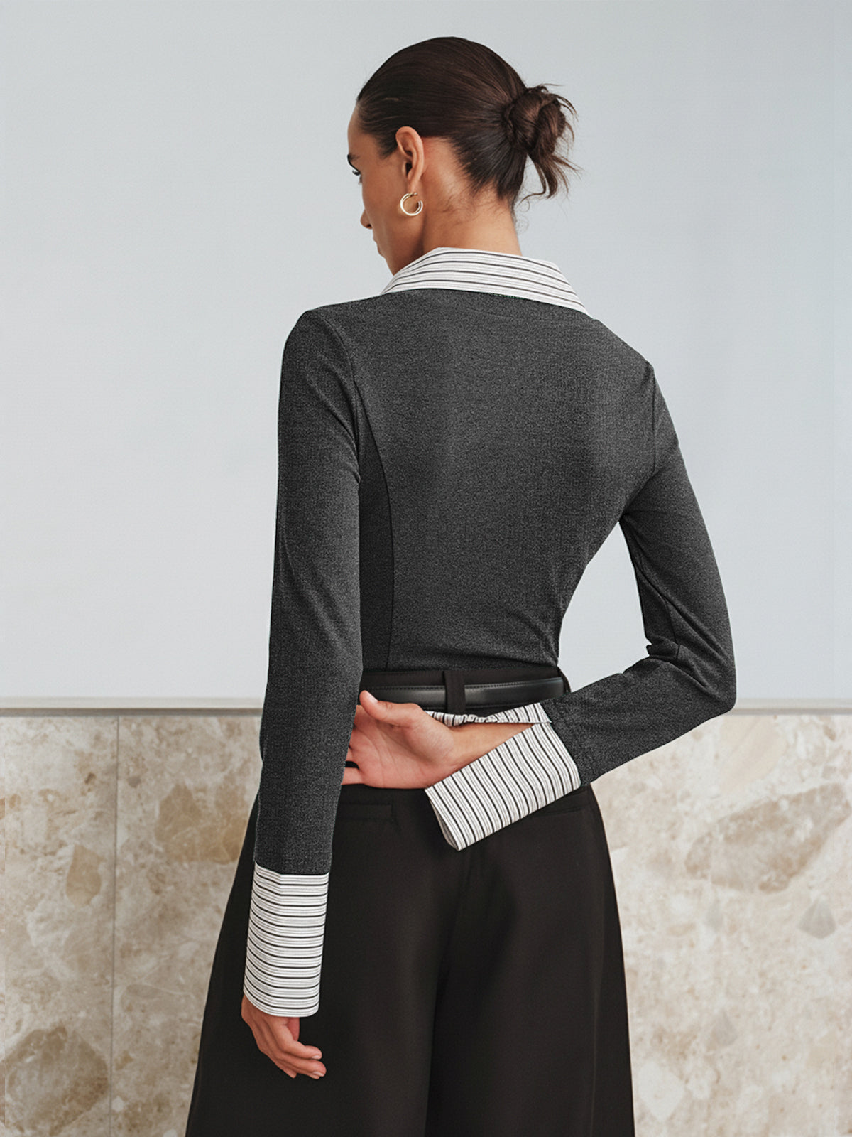 Sahte İki Parçalı Uzun Kollu İki Renkli Polo Üst