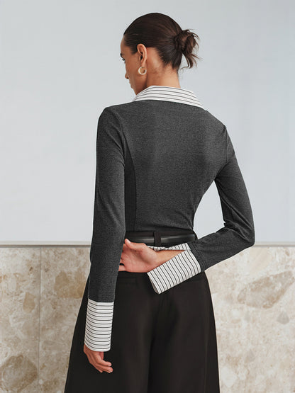 Sahte İki Parçalı Uzun Kollu İki Renkli Polo Üst