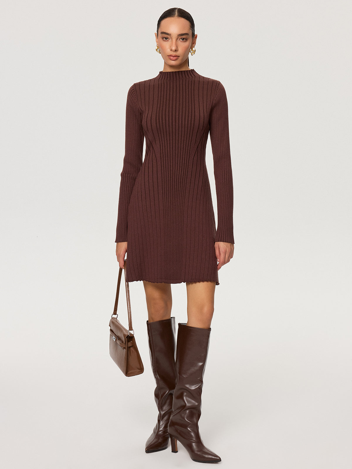 Ribanalı Dik Yaka Uzun Kollu Örgü Elbise