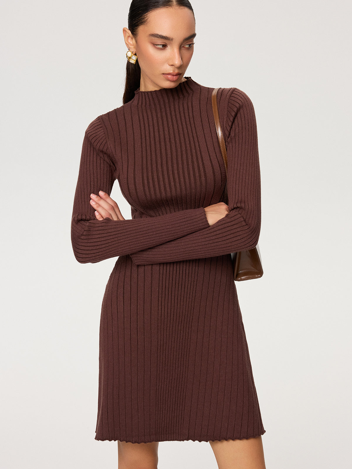 Ribanalı Dik Yaka Uzun Kollu Örgü Elbise