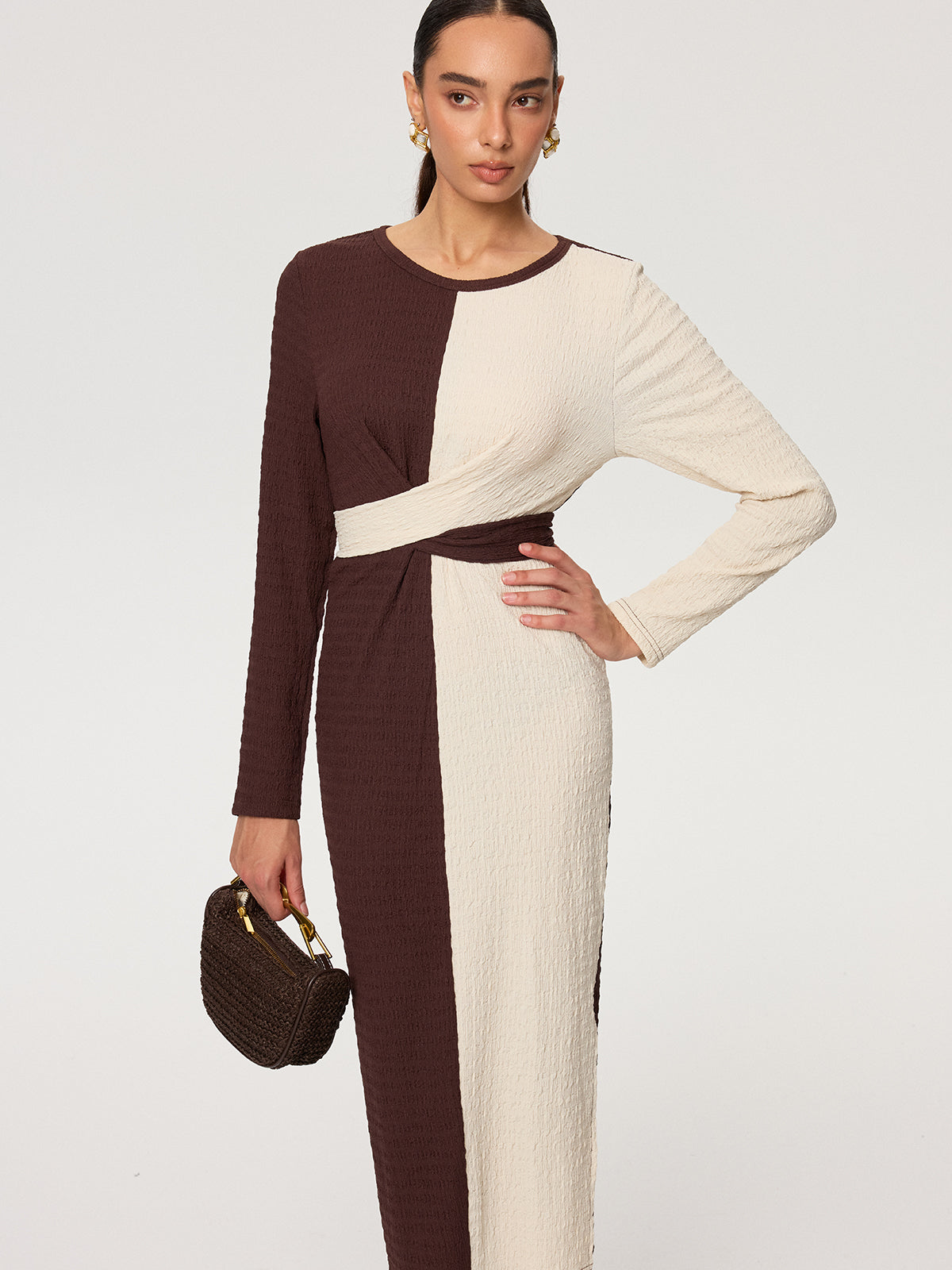 Çapraz Bağlamalı Dokulu Renk Bloklu Uzun Elbise