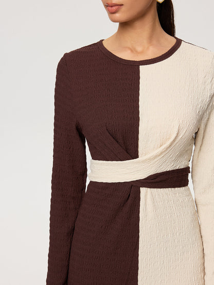 Çapraz Bağlamalı Dokulu Renk Bloklu Uzun Elbise