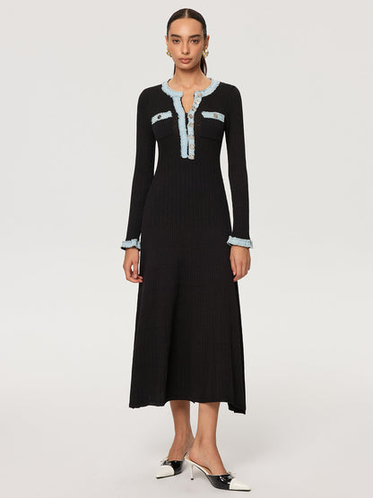 Kot Panelli Örme Uzun Elbise