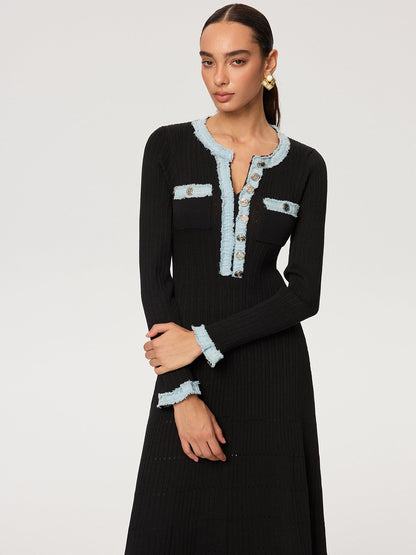 Kot Panelli Örme Uzun Elbise