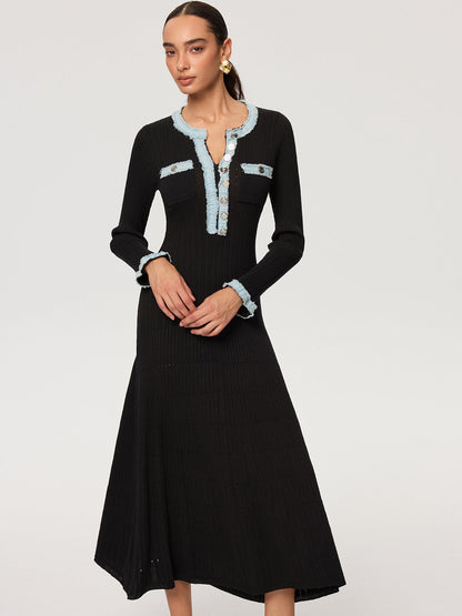 Kot Panelli Örme Uzun Elbise