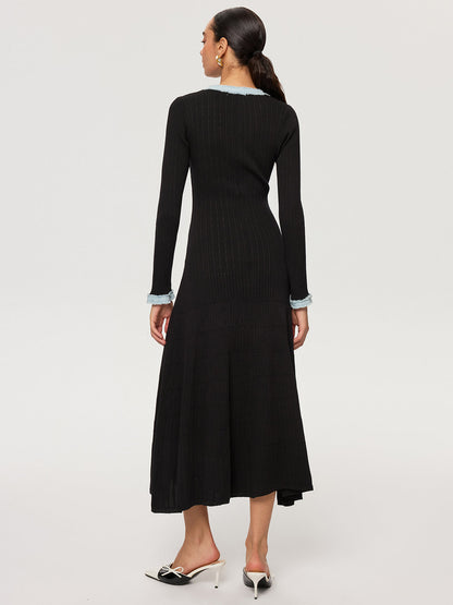 Kot Panelli Örme Uzun Elbise