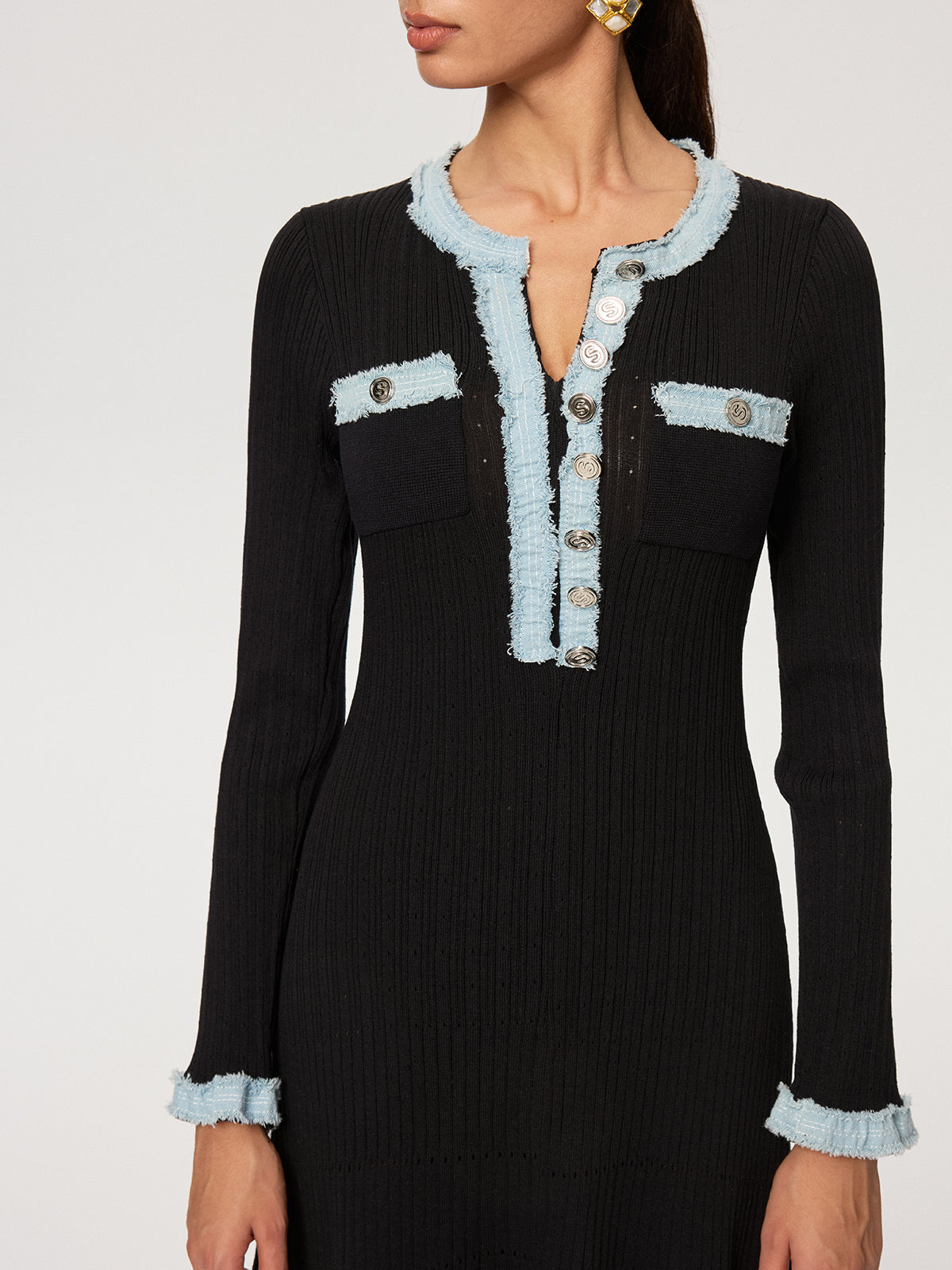 Kot Panelli Örme Uzun Elbise