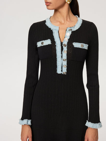 Kot Panelli Örme Uzun Elbise