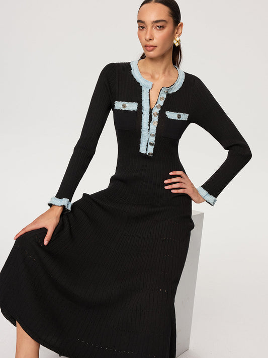 Kot Panelli Örme Uzun Elbise