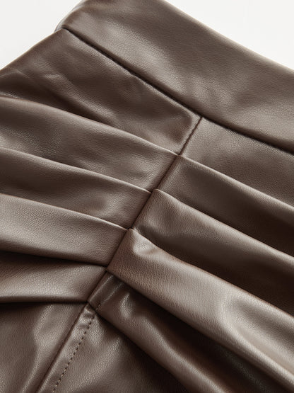 Dantelli Yırtmaçlı PU Deri Midi Etek