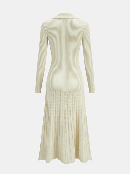 Metal Düğmeli Kaburga Örgü Gömlek Elbise