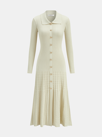 Metal Düğmeli Kaburga Örgü Gömlek Elbise