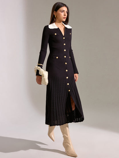 V Yakalı Düğmeli Örme Elbise