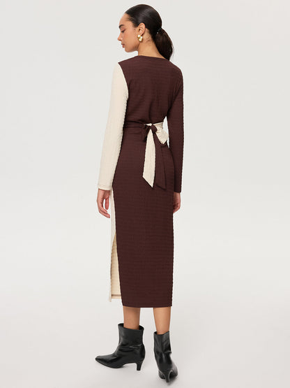 Çapraz Bağlamalı Dokulu Renk Bloklu Uzun Elbise