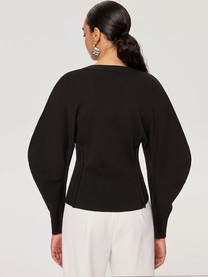 V Yakalı Önü Düğmeli Puf Kollu Hırka