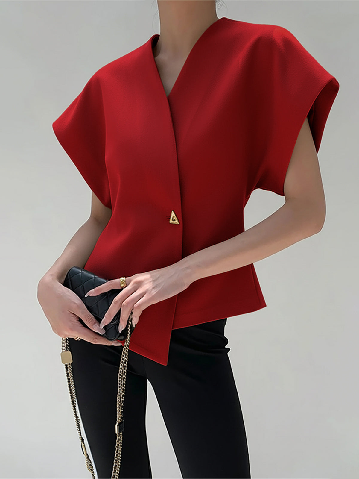 Trend V Yaka Düğmeli Bluz