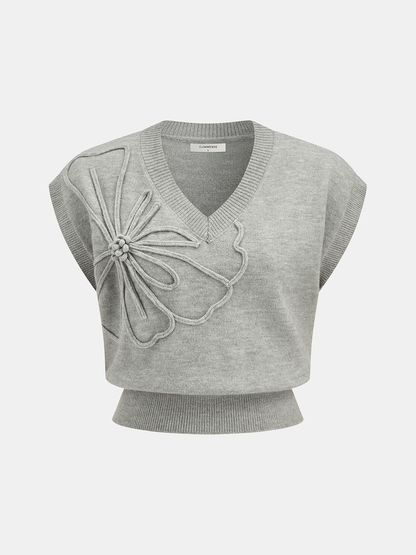 Çiçek Aplikeli Kısa Kollu Örgü Yelek