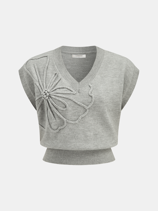 Çiçek Aplikeli Kısa Kollu Örgü Yelek