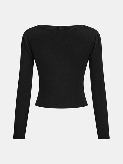 Renk Bloklu Büzgülü Ön Düğmeli Örgü Üst