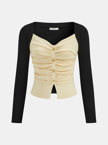 Renk Bloklu Büzgülü Ön Düğmeli Örgü Üst