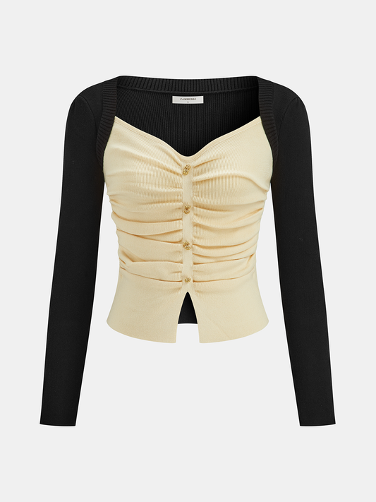 Renk Bloklu Büzgülü Ön Düğmeli Örgü Üst