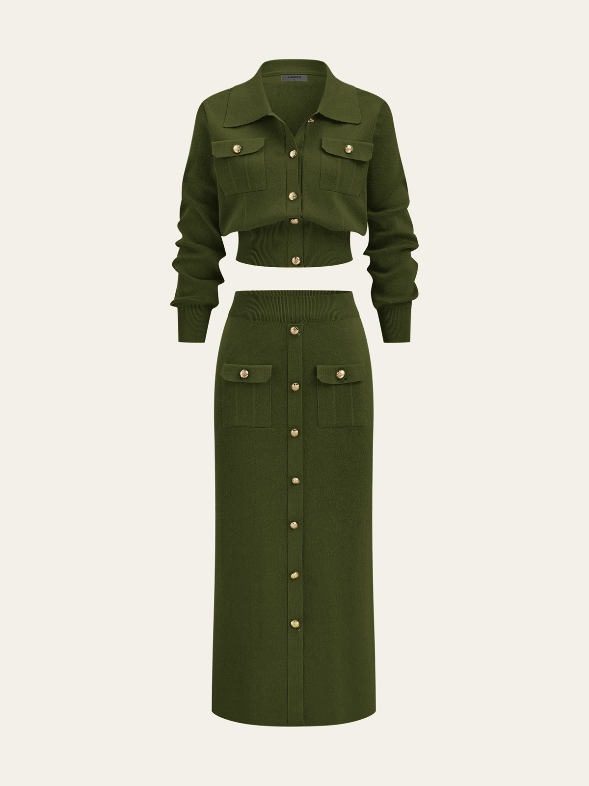 Metal Düğmeli Yakalı Hırka ve Midi Etek Takımı