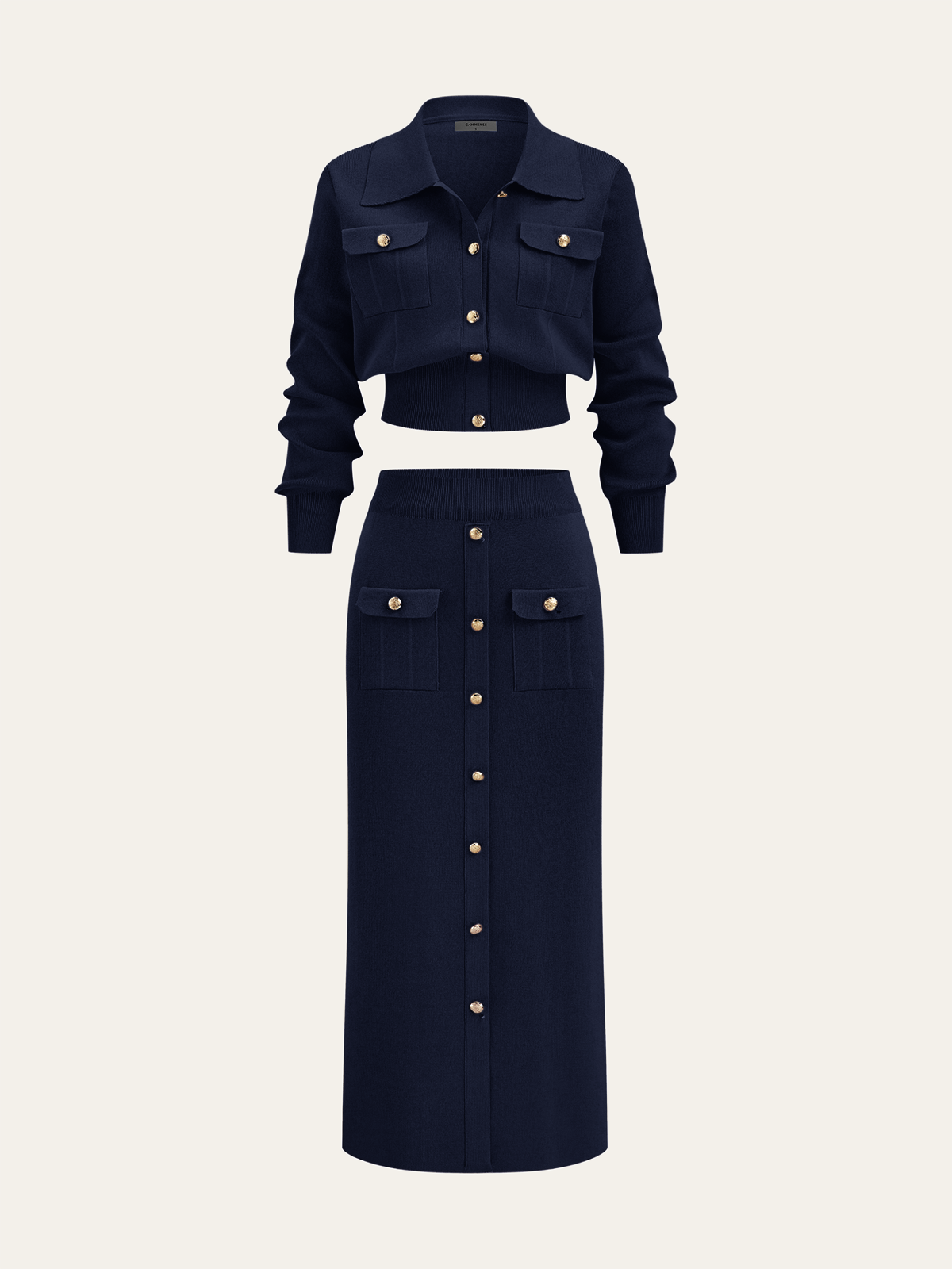 Metal Düğmeli Yakalı Hırka ve Midi Etek Takımı