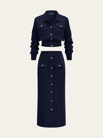 Metal Düğmeli Yakalı Hırka ve Midi Etek Takımı