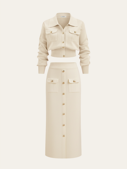 Metal Düğmeli Yakalı Hırka ve Midi Etek Takımı