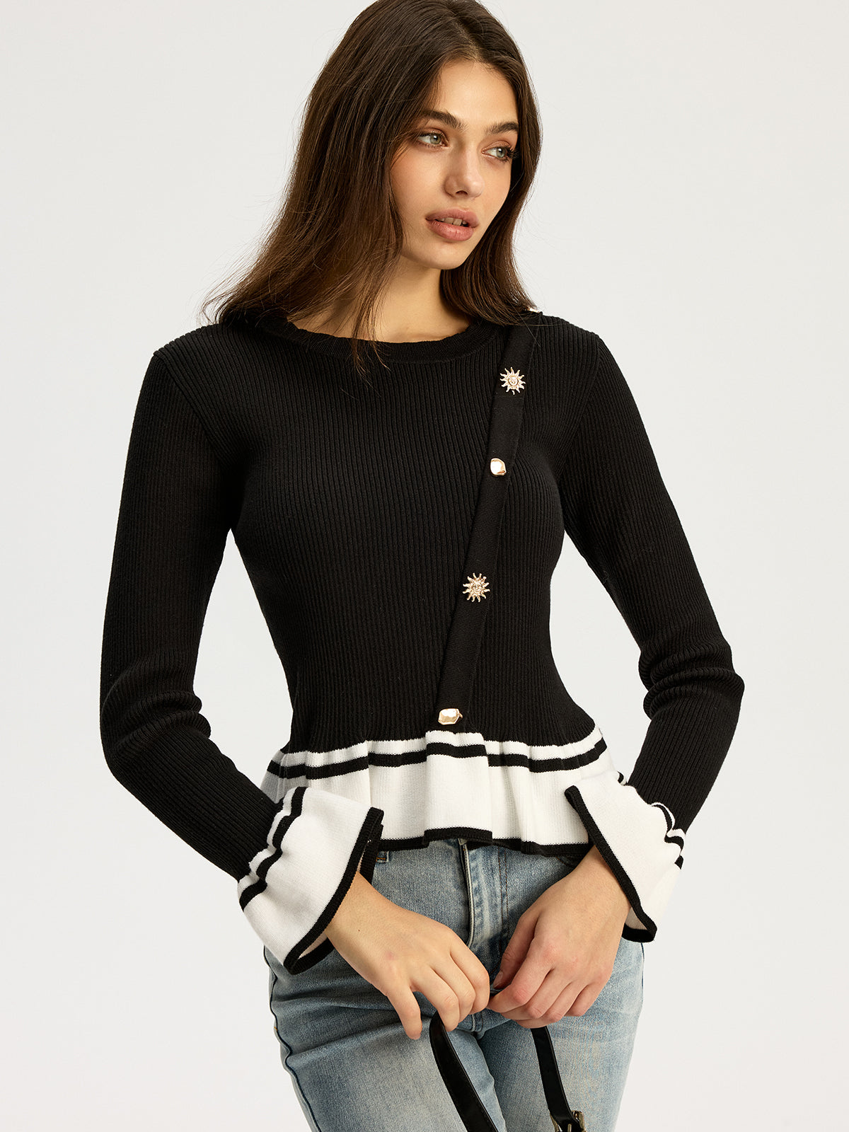 Kontrast Fırfırlı Etek Ucu Kazak